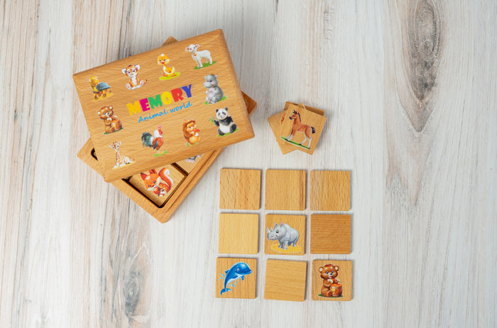 Wooden Memory Matching Game in a Wooden Box, Animal world