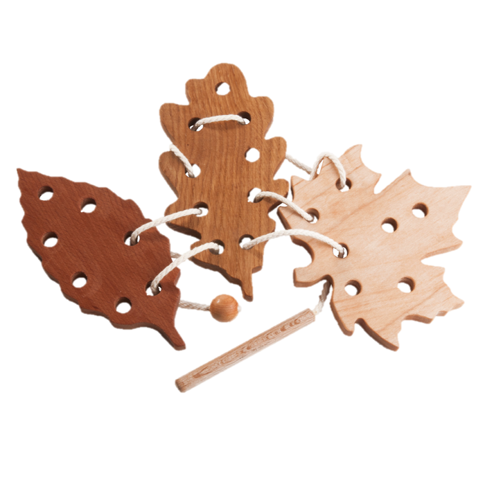 Wooden Lacing Oak, Maple, Beechwood Leafs set Threading Toy - PoppyBabyCo
