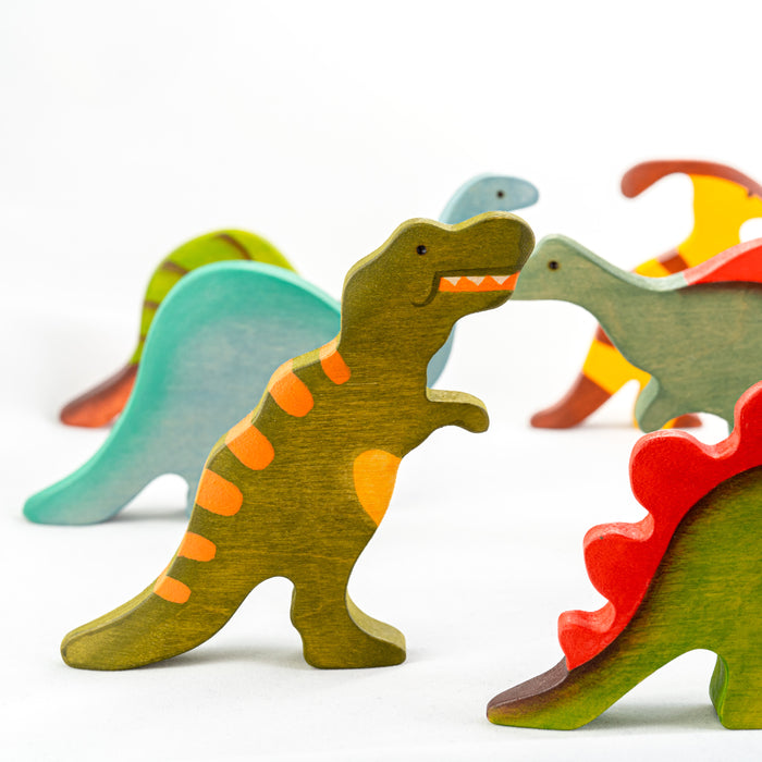 Waldorf Wooden Dinosaurs set painted- 6 pieces - PoppyBabyCo