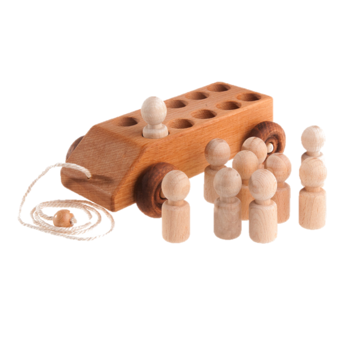 Car pull along toy with 10 sorting wooden peg people - PoppyBabyCo