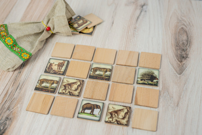 Wooden Memory Matching Game with a Linen Storage Bag, Zoo Animals