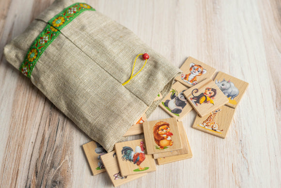 Wooden Memory Matching Game with a Linen Storage Bag, Animal world