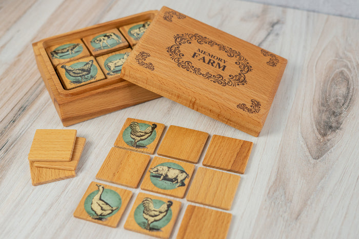 Wooden Memory Matching Game in a Wooden Box, Farm Animals