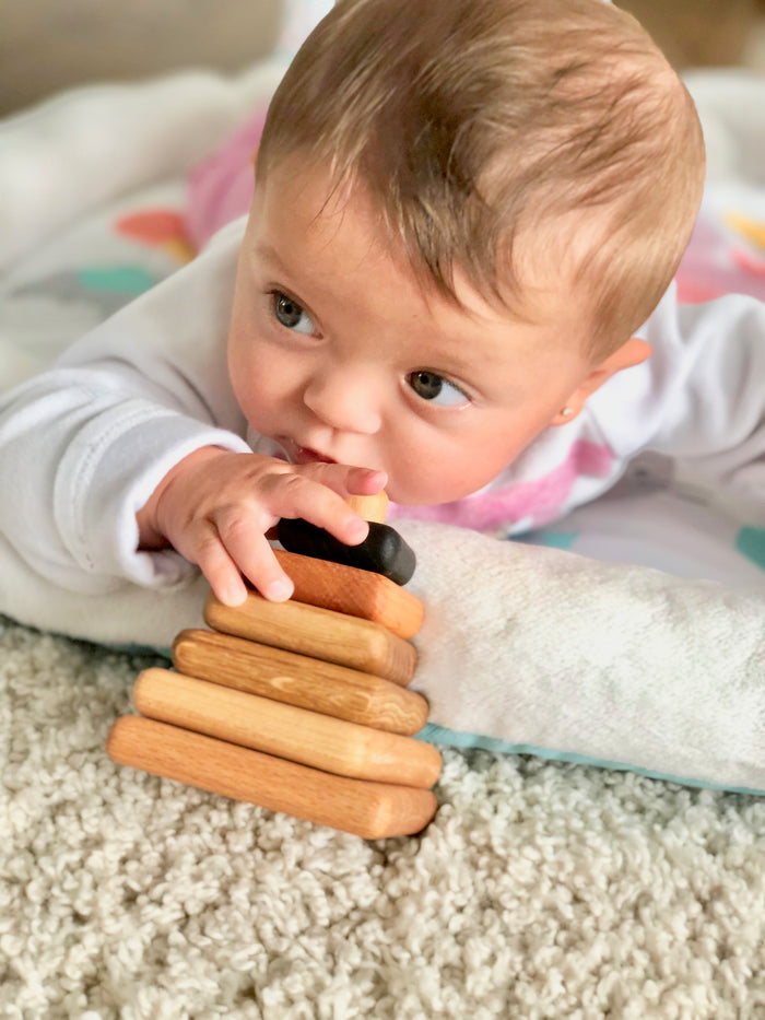 Wooden stacking toy in square shape from 6 types of wood - PoppyBabyCo
