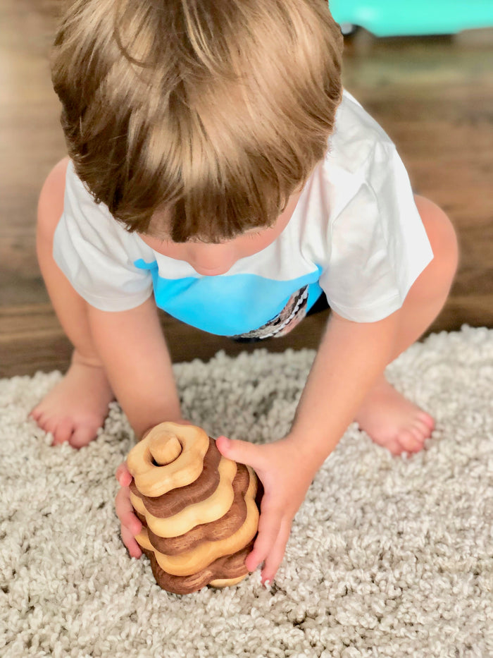 Wooden stacking toy in flower shape from 2 types of wood - PoppyBabyCo
