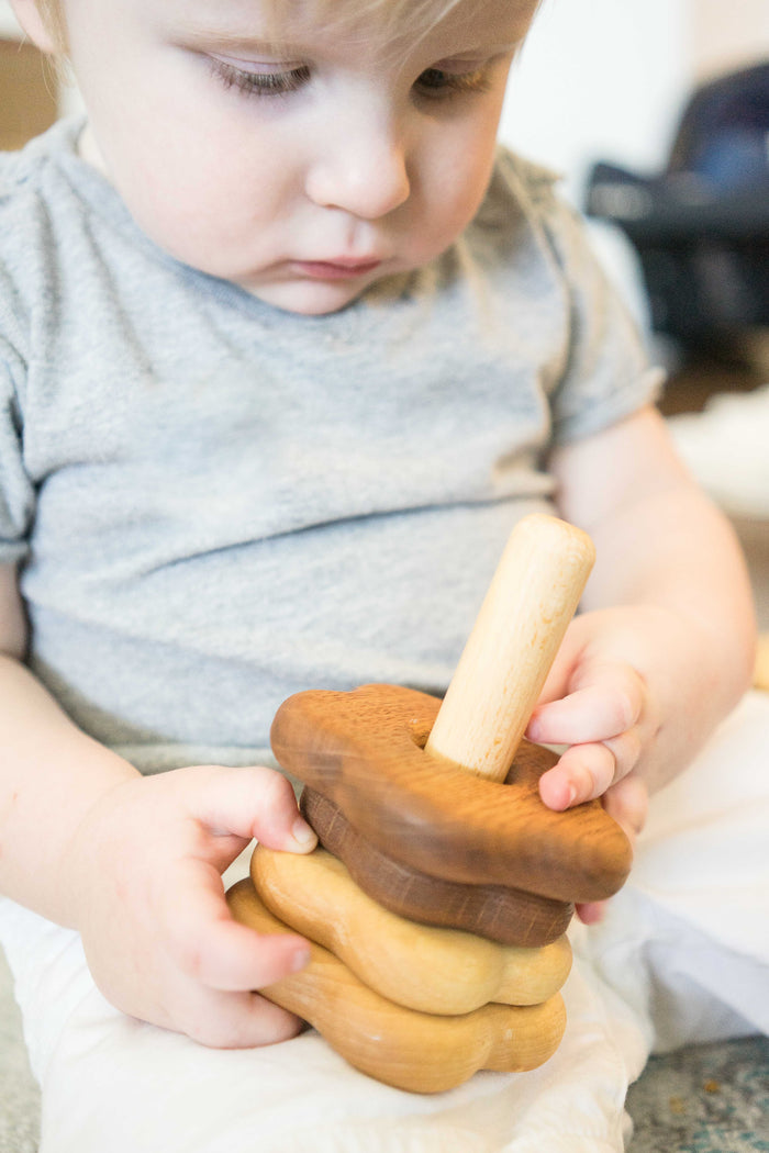 Wooden stacking toy in flower shape from 2 types of wood - PoppyBabyCo