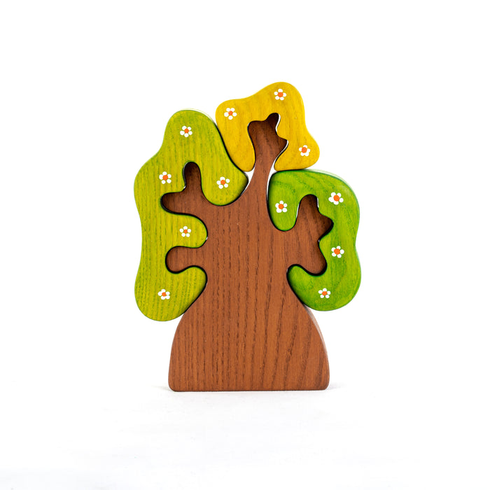 Wooden Spring Tree with three crowns puzzle, small flowers - PoppyBabyCo