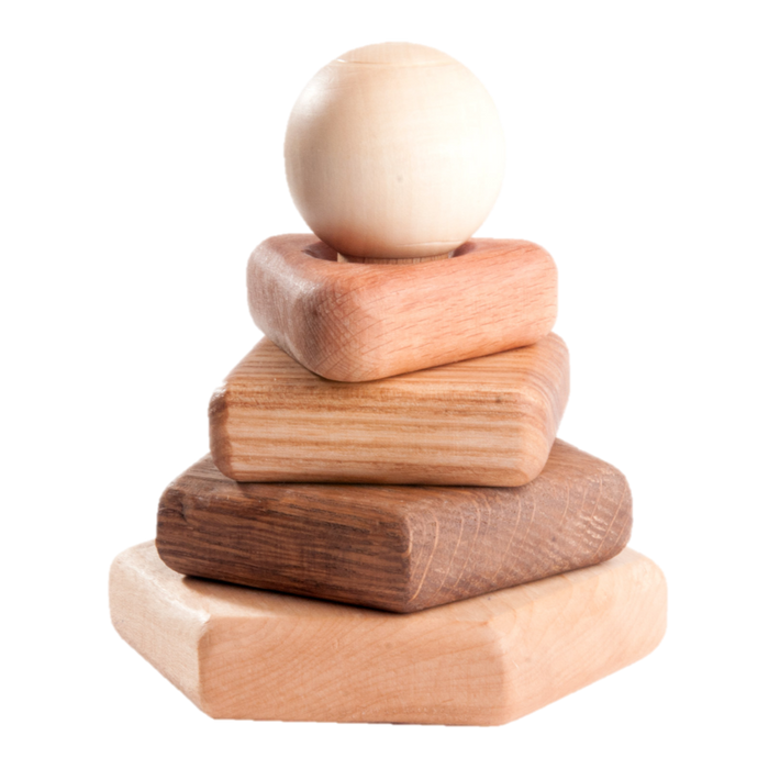 Wooden stacking toy in different shapes from 5 types of wood - PoppyBabyCo