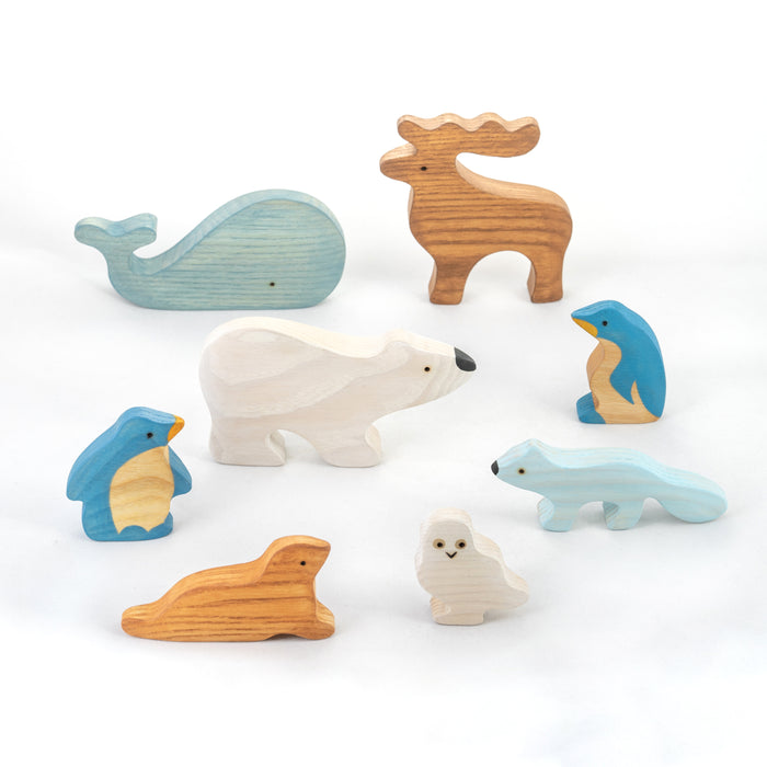 Waldorf Wooden Arctic Animals - Set of 8 Hand-Painted Polar Animals - PoppyBabyCo