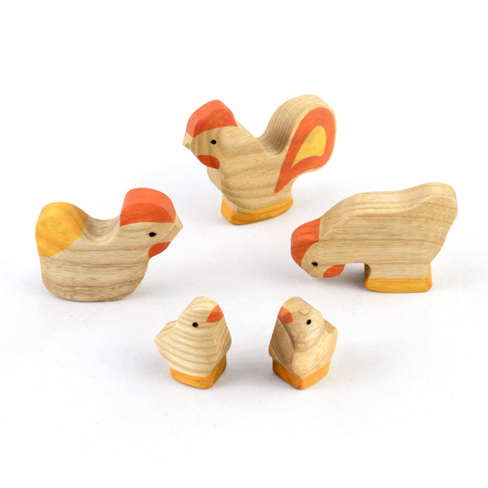 Waldorf  Natural Wooden Rooster with Chickens Set - 5 pieces - PoppyBabyCo