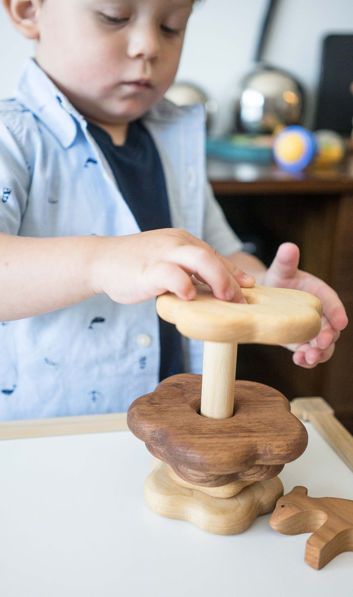 Wooden stacking toy in flower shape from 2 types of wood - PoppyBabyCo
