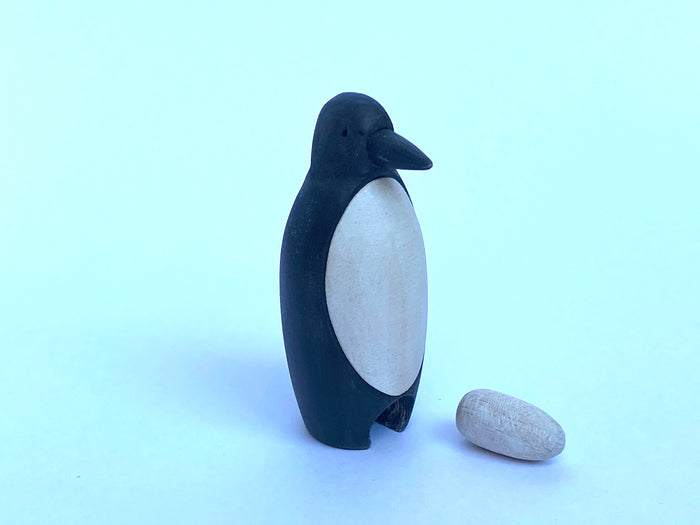 Wooden Penguin Figurine with an Egg