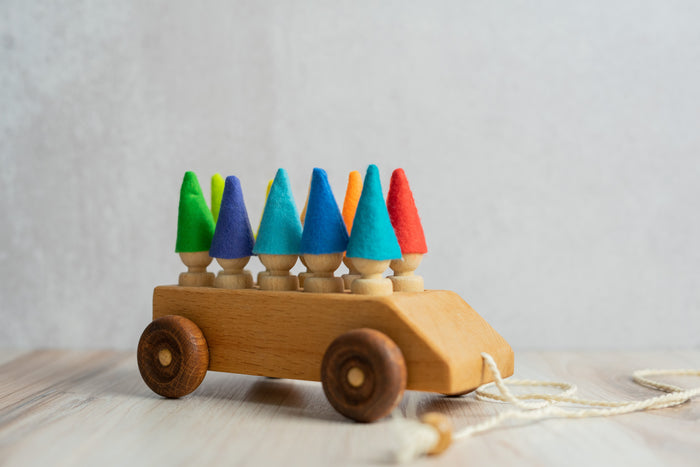 Wooden Toy Car with ten Pegs in Multi-Colored Hats