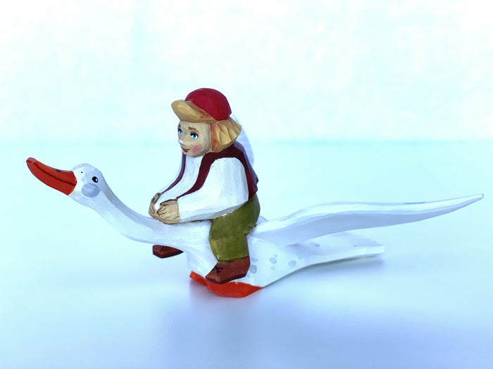 Hand Craved Wooden Figurine Nils and the Goose