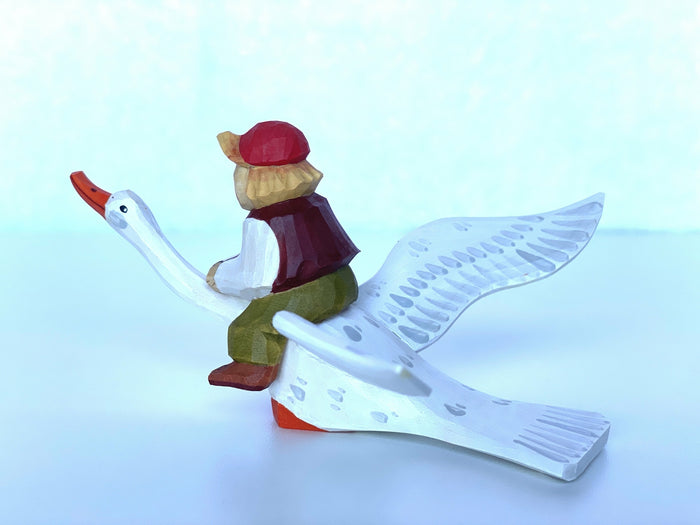 Hand Craved Wooden Figurine Nils and the Goose