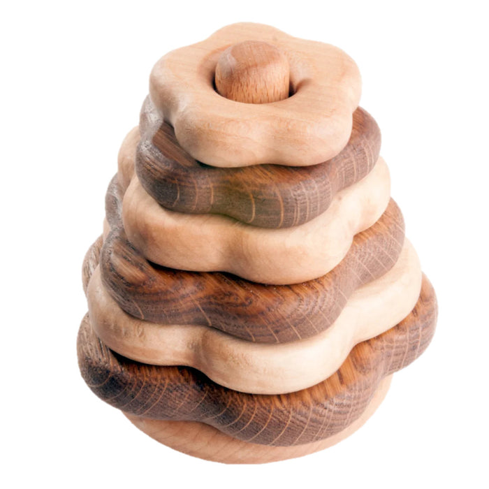 Wooden stacking toy in flower shape from 2 types of wood