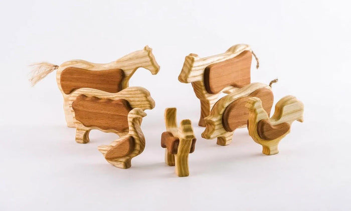 Handcrafted Wooden Farm Animals Set with Barn