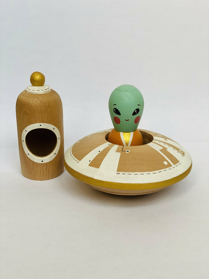 Gnezdo UFO with Alien Wooden Toy