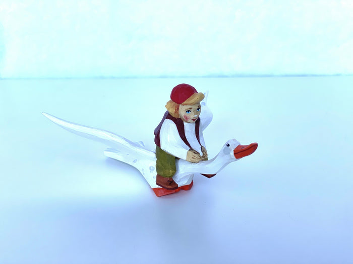 Hand Craved Wooden Figurine Nils and the Goose