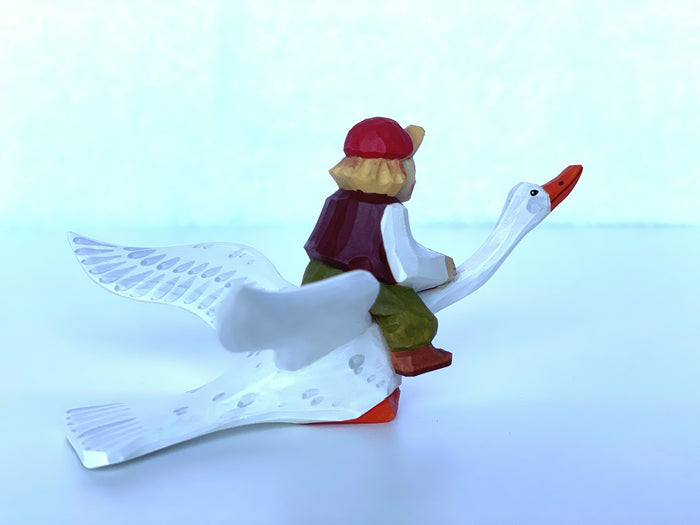 Hand Craved Wooden Figurine Nils and the Goose