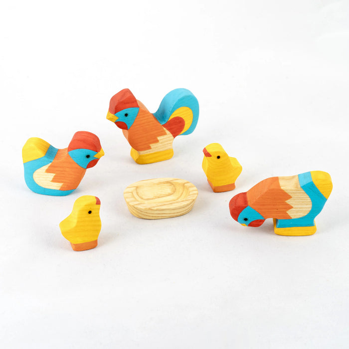 Waldorf Wooden Rooster with Chickens Set painted- 5 pieces