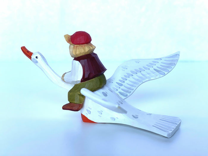 Hand Craved Wooden Figurine Nils and the Goose
