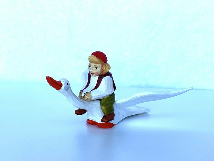 Hand Craved Wooden Figurine Nils and the Goose