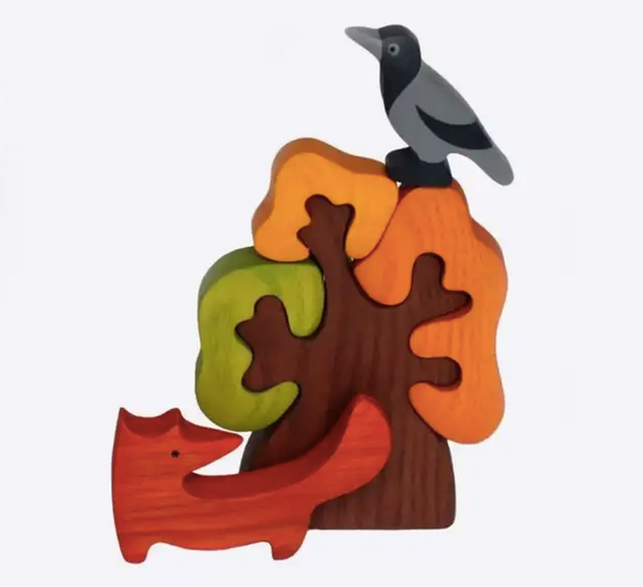 Wooden Autumn Tree with Fox and Bird Figurines