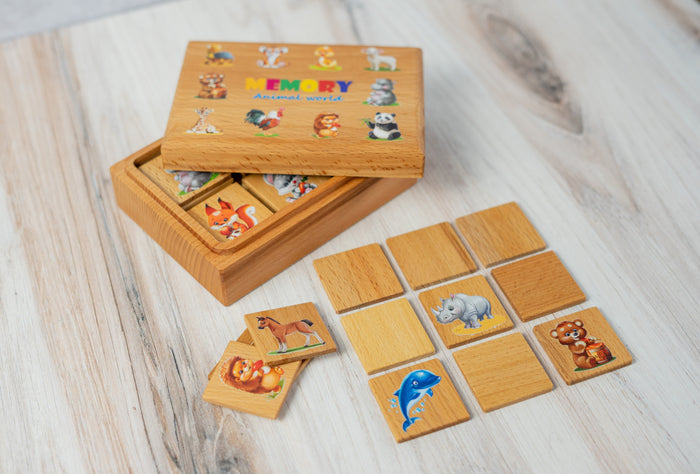 Wooden Memory Matching Game in a Wooden Box, Animal world