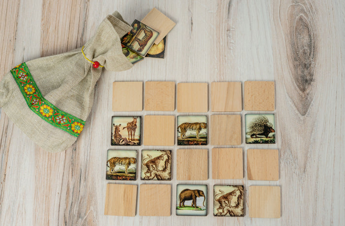 Wooden Memory Matching Game with a Linen Storage Bag, Zoo Animals