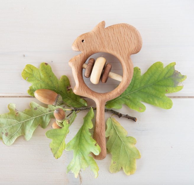Organic Wooden Rattle toy Squirrel - PoppyBabyCo