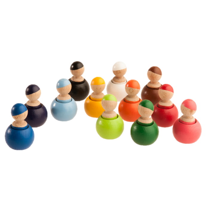 Montessori Color Sorting Wooden Toy Peg Dolls in Wooden Pots - Set of 12 - PoppyBabyCo
