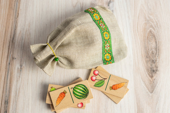 Wooden fruits/ vegetables Domino game for preschoolers in linen bag