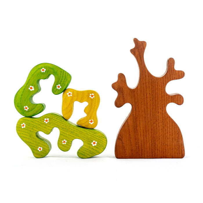 Wooden Spring Tree with three crowns puzzle, small flowers - PoppyBabyCo