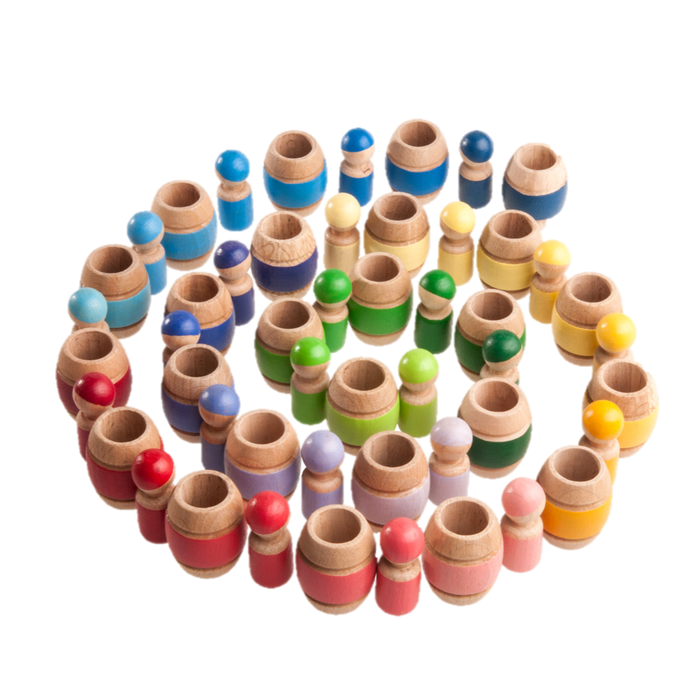 Montessori Color Sorting Wooden Toy Peg Dolls in Barrels - Set of 25 - PoppyBabyCo