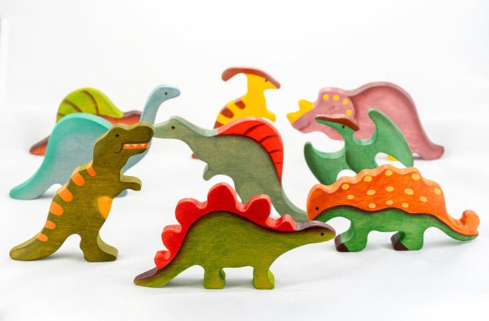 Wooden Dinosaur toys set painted- 9 pieces
