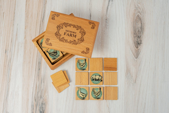 Wooden Memory Matching Game in a Wooden Box, Farm Animals