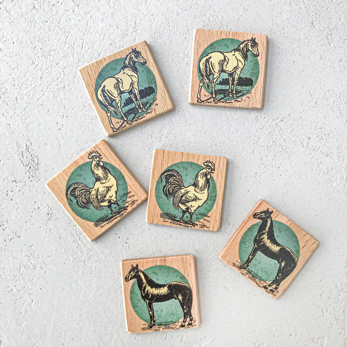 Wooden Memory Matching Game with a Linen Storage Bag, Farm Animals