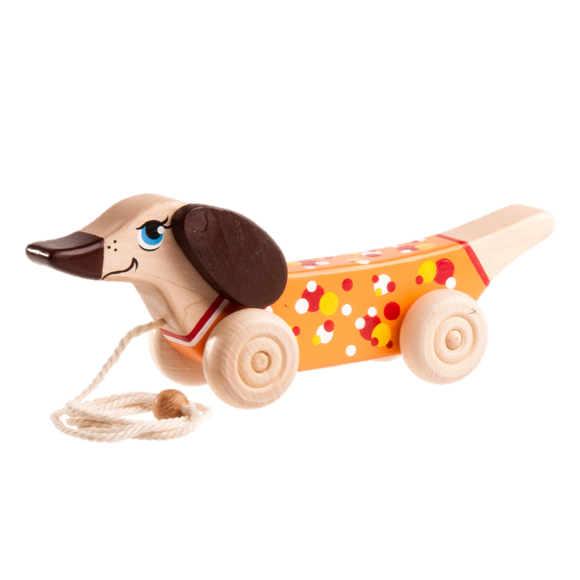 Wooden Dachshund Dog Pull toy painted - PoppyBabyCo
