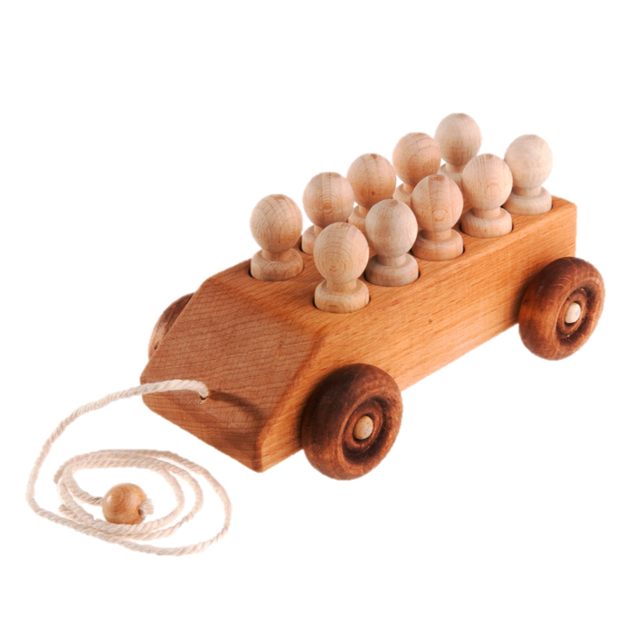 Car pull along toy with 10 sorting wooden peg people - PoppyBabyCo