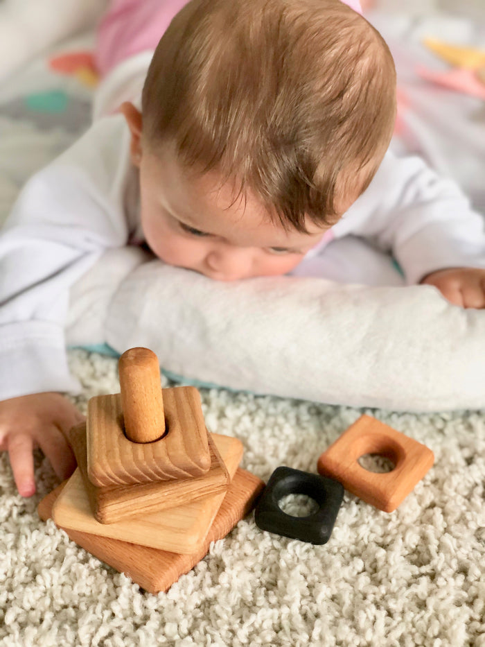 Wooden stacking toy in square shape from 6 types of wood - PoppyBabyCo