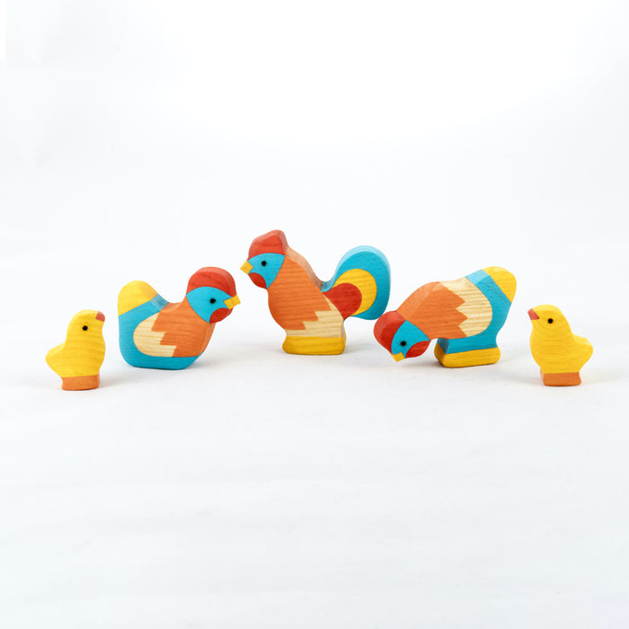 Waldorf Wooden Rooster with Chickens Set painted- 5 pieces