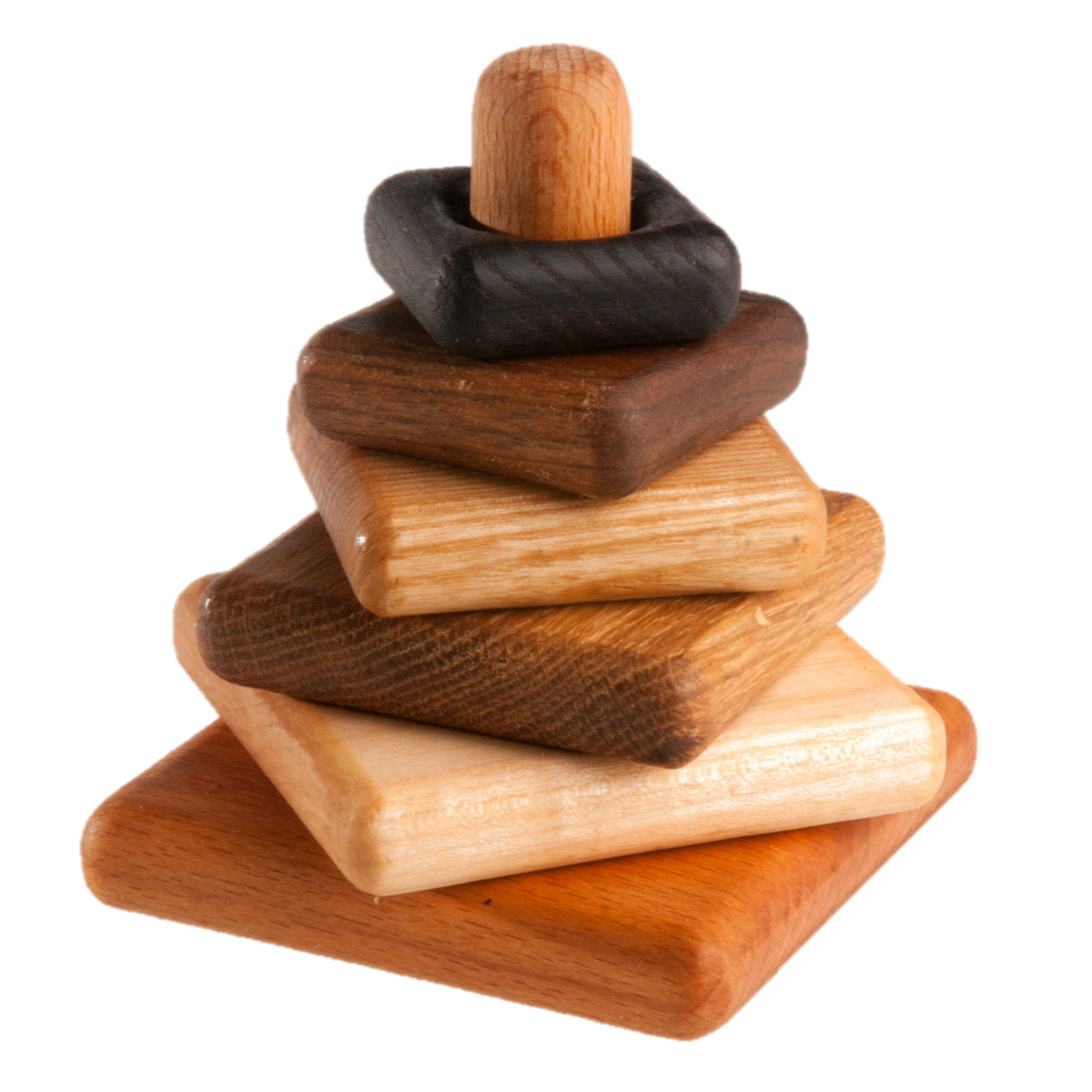 Wooden stacking toy in square shape from 6 types of wood
