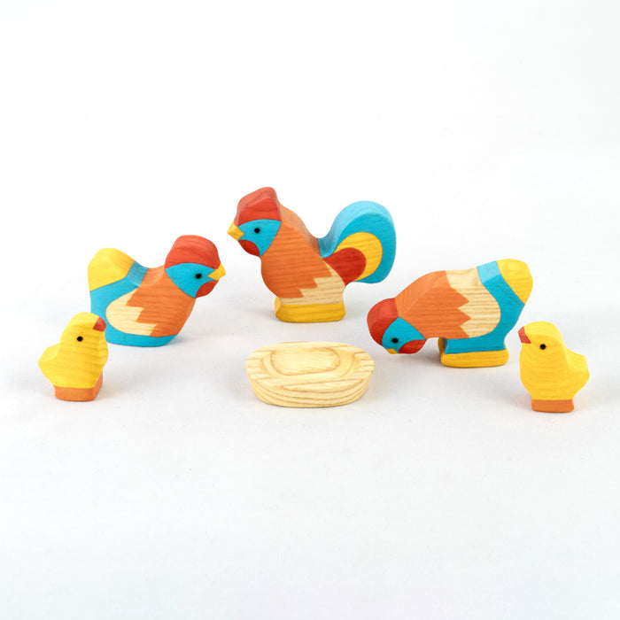 Waldorf Wooden Rooster with Chickens Set painted- 5 pieces