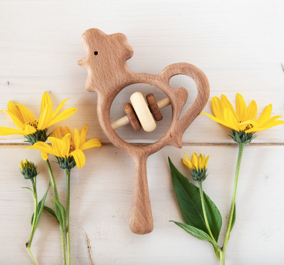 Organic Wooden Rattle toy Rooster - PoppyBabyCo