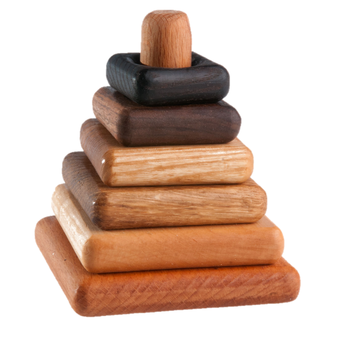 Wooden stacking toy in square shape from 6 types of wood