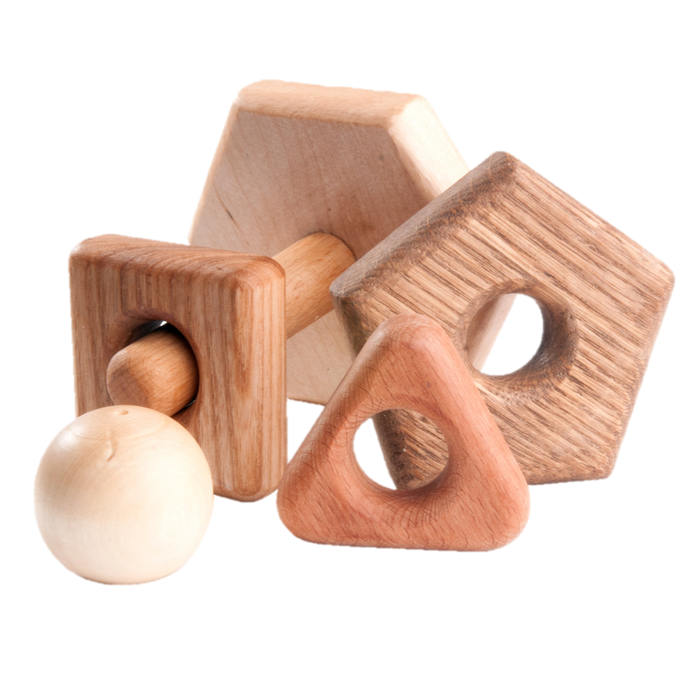 Wooden stacking toy in different shapes from 5 types of wood - PoppyBabyCo
