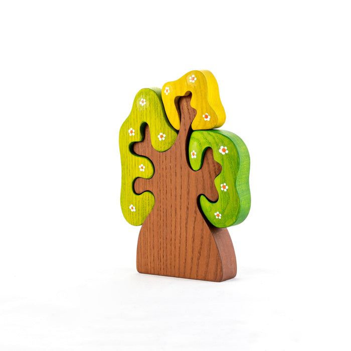 Wooden Spring Tree with three crowns puzzle, small flowers - PoppyBabyCo