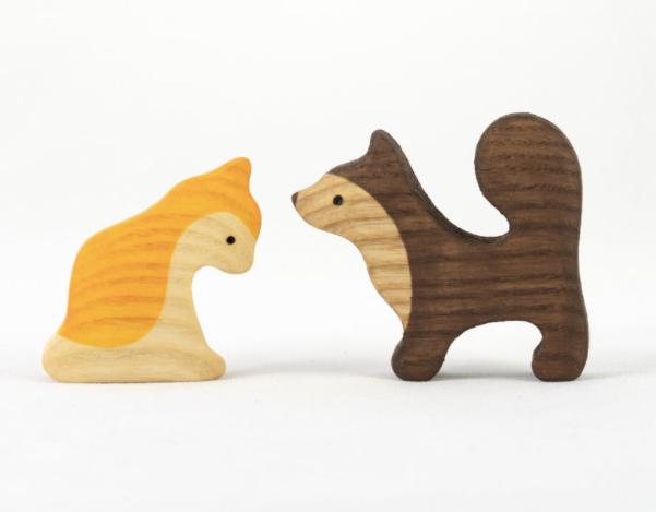 Wooden Cat and Dog Figurines