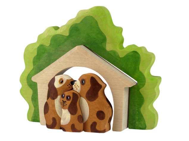 Wooden Dog house with Dogs figurines